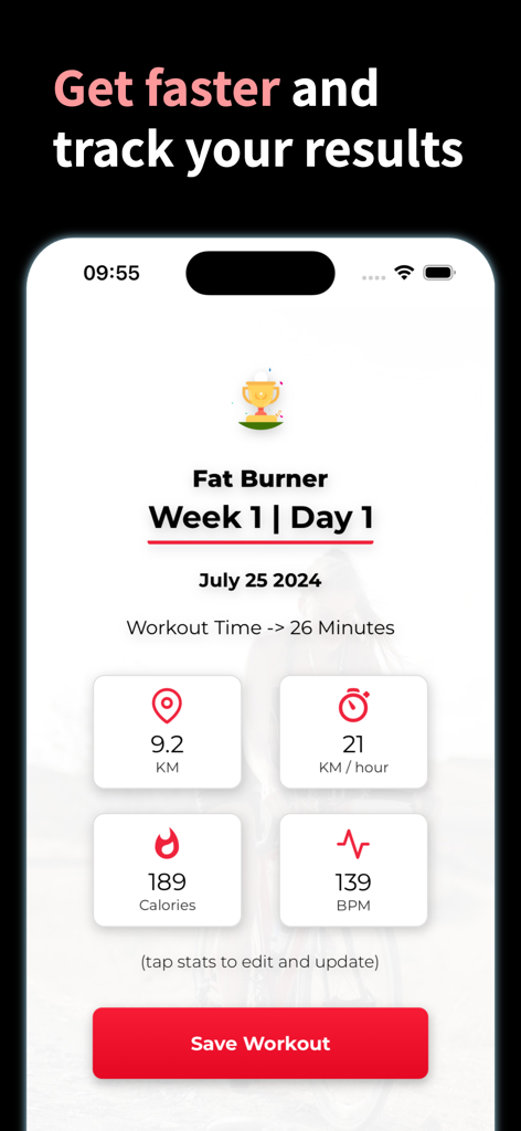 A summary screen of an indoor cycling workout displaying distance speed calories burned and heart rate