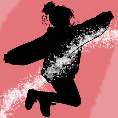 realistic girl jumping with a bun and oversized sweatshirt