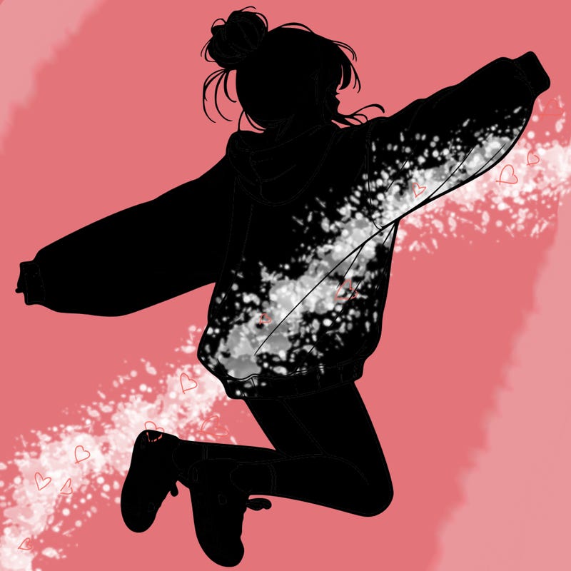 realistic girl jumping with a bun and oversized sweatshirt