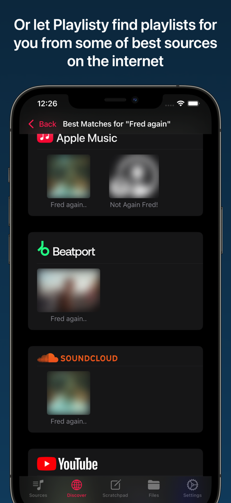 Playlisty for Apple Music - Playlisty App zeigt Playlist-Suchergebnisse aus mehreren Quellen wie SoundCloud, YouTube und Beatport für den Künstler Fred Again.