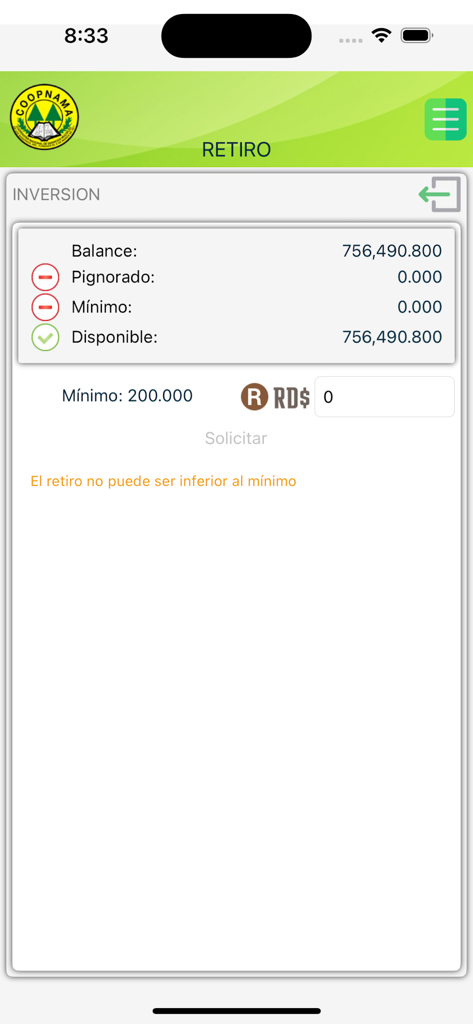 Tela de saque de investimento do aplicativo Coopnama mostrando saldo da conta e fundos disponíveis
