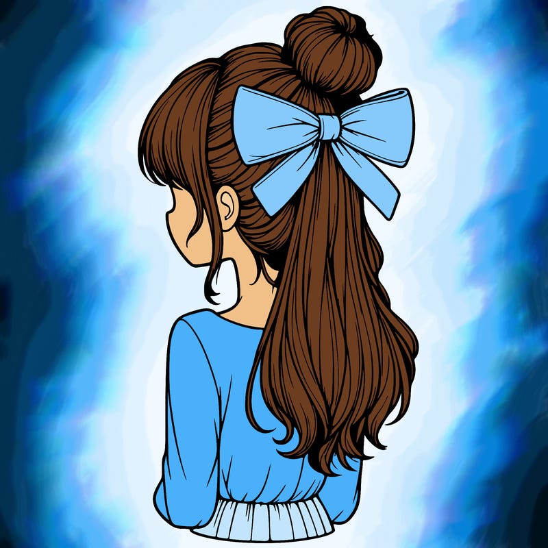 realistic girl  with hip length hair a bun and a big bow on the back of head