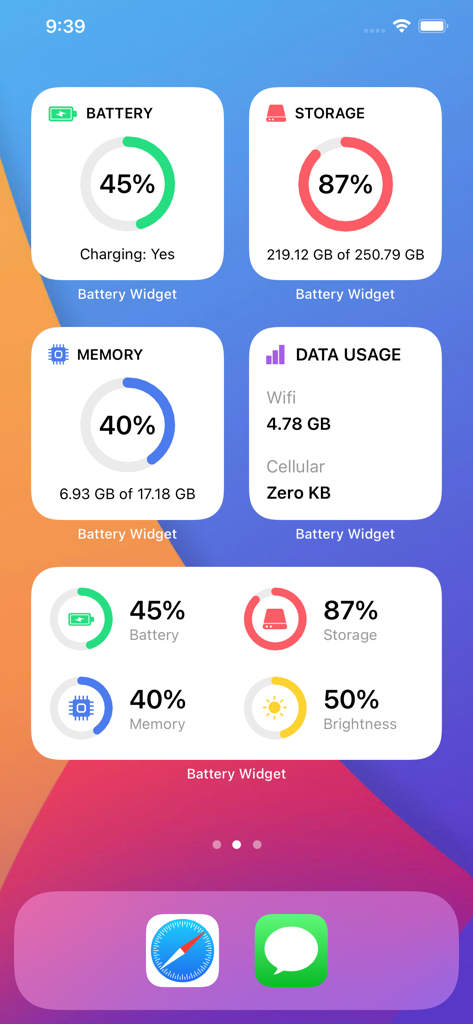Battery Widget: CPU x Monitor - Pantalla de inicio de iOS mostrando widgets personalizables para el nivel de batería, almacenamiento, memoria y uso de datos.