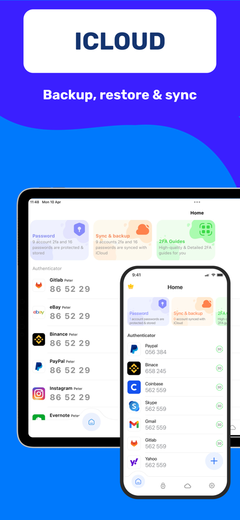 Authenticator App 2FA - Tableau de bord de l'application Authenticator sur iPhone et iPad avec sauvegarde et synchronisation iCloud