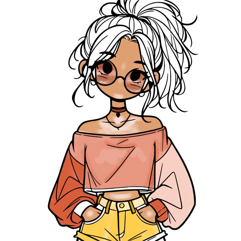 girl with a messy ponytail glasses a baggy crop top and jean shorts