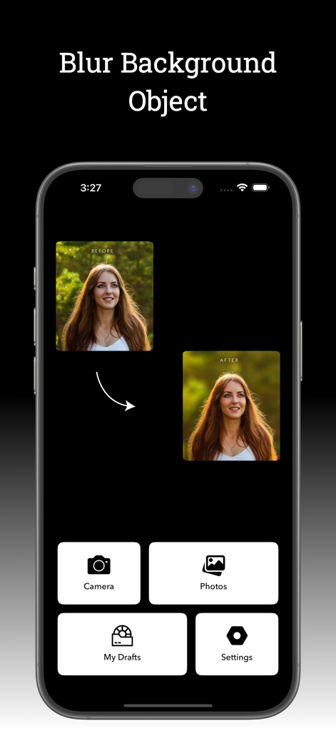 Blur Photo Editor - Point Blur - Tela principal do aplicativo Desfoque de Foto mostrando um exemplo antes e depois de um retrato com fundo desfocado, juntamente com botões de navegação para câmera e fotos.