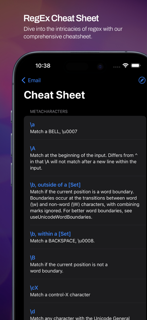 Hoja de trucos de la aplicación RegEx plus mostrando metacaracteres de expresiones regulares y sus significados