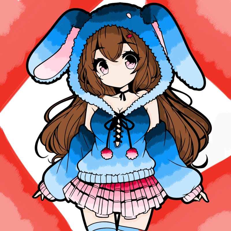 pretty anime girl wearing a fluffy hoodie with bunny ears on the hood and a skirt