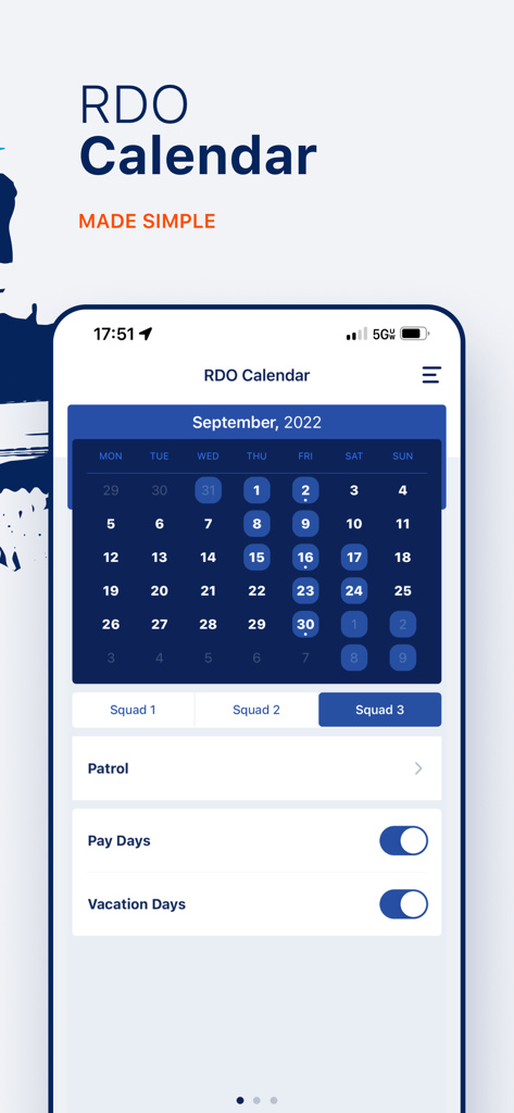 Summons Partner+ - RDO-Kalender-Oberfläche für NYPD-Beamte in der Summons Partner plus App, die Dienstpläne und Arbeitstage anzeigt