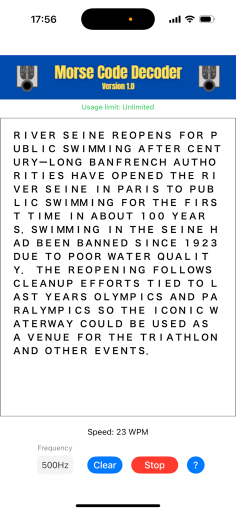 CW Decoder - CWデコーダーアプリのインターフェース。リアルタイムのモールス信号翻訳を表示しています