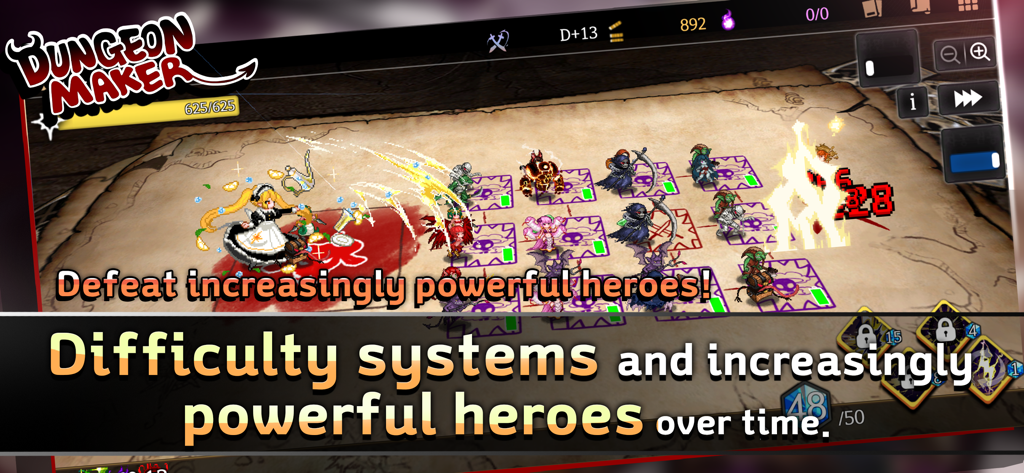 Tactical battle gameplay in Dungeon Maker showing pixel art monsters and heroes on a grid-based dungeon map