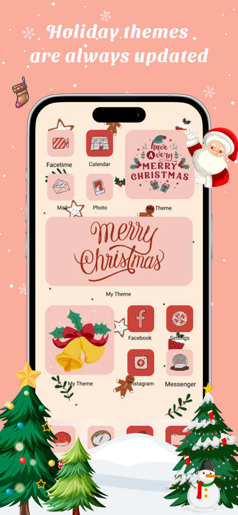 Aesthetic Christmas themed iPhone home screen with custom holiday icons and widgets from the MyTheme app