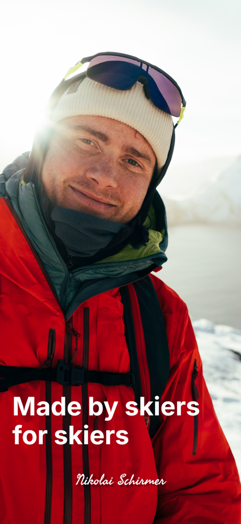 Skida: Alpine Adventures - Portrait of professional skier Nikolai Schirmer wearing mountain gear with the text Made by skiers for skiers