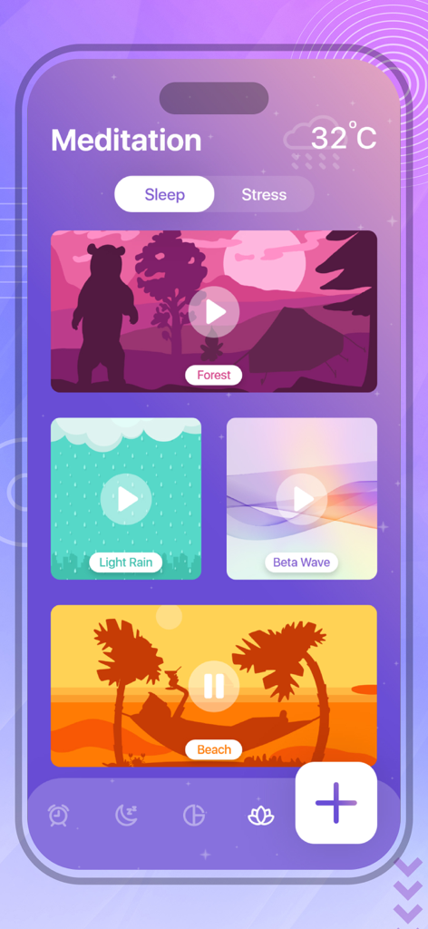 Alarm Clock: Smart Waking Up - Meditation screen of the Alarm Clock app featuring various ambient sleep sounds like forest and beach.