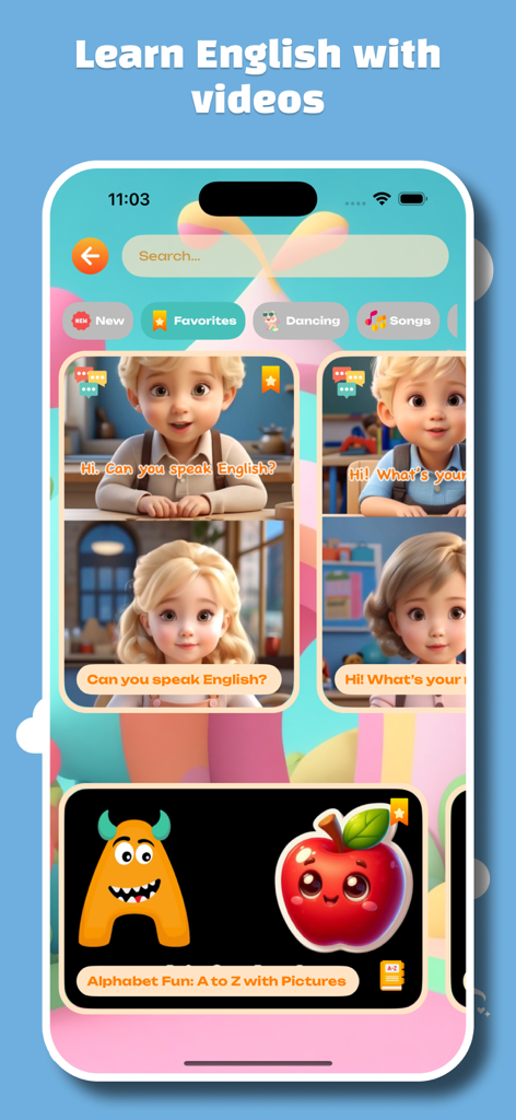 King English Kids - King English Kids app interface showing educational videos and alphabet learning for children.