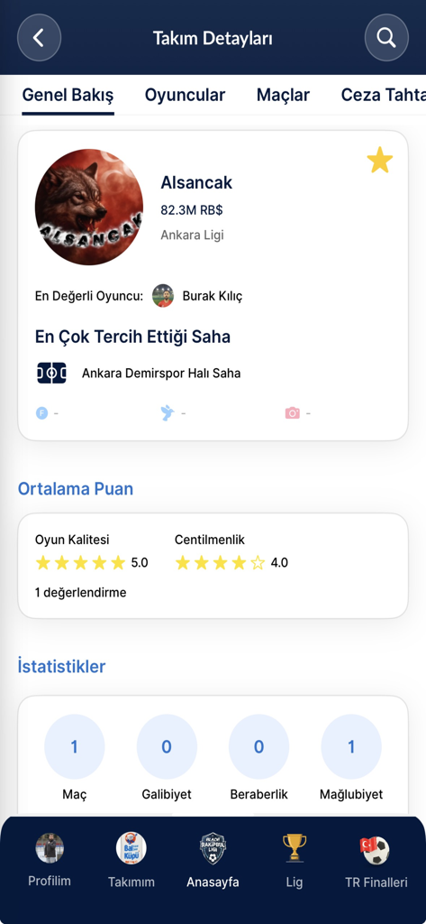 Blade Rakipbul Ligi - Blade Rakipbul Ligi app showing team statistics and ratings for Alsancak team in the Ankara league