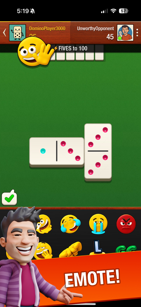 Tela de jogo de dominó multiplayer com emotes sociais e seleção de emoji