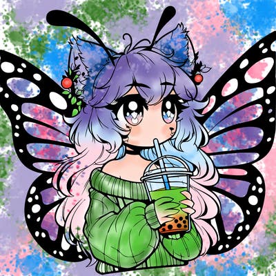 a realistic butterfly/furry girl drinking boba