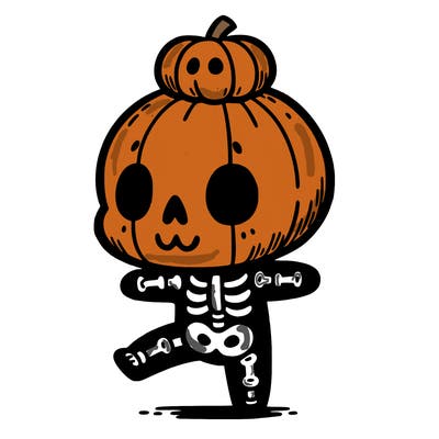 cute skeleton with a pumpkin on its head while dancing