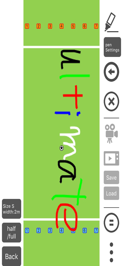 Interfaccia della lavagna tattica per ultimate frisbee con scrittura a mano su un campo verde