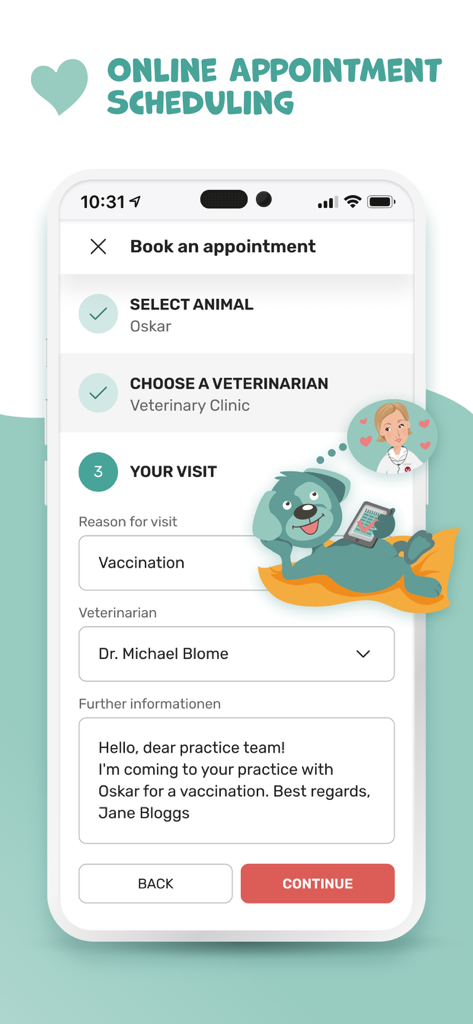 petsXL | smart animal health - petsXL app interface for online veterinary appointment scheduling showing visit details for a pet vaccination