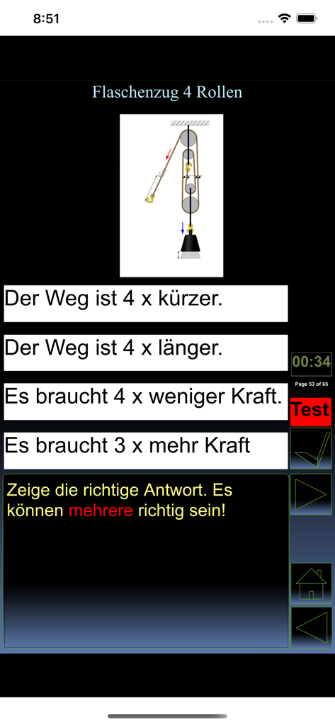 iPhysik 1 Quiz deutsch - Screenshot of a physics quiz about a block and tackle system in the iPhysik app