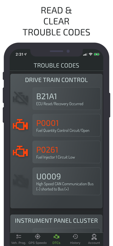 Interface do aplicativo ECRI Vehicle Calibrator mostrando uma lista de códigos de diagnóstico de erro do veículo para leitura e limpeza.