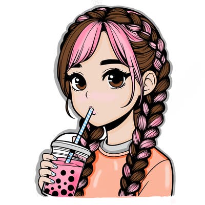 realistic girl with braided hair drinking boba