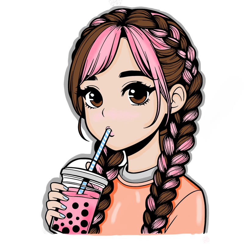 realistic girl with braided hair drinking boba