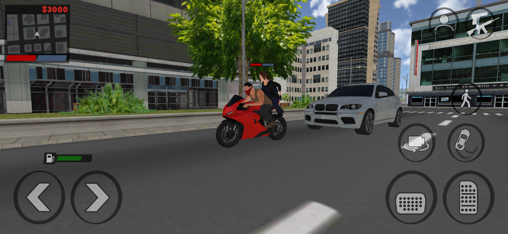 Two characters on a red motorcycle in an open world city street in Justice Rivals 3