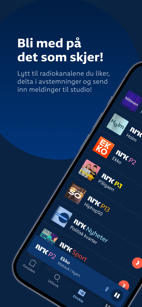 Pantalla de smartphone que muestra la aplicación NRK Radio con una lista de canales y programas de radio noruegos en vivo