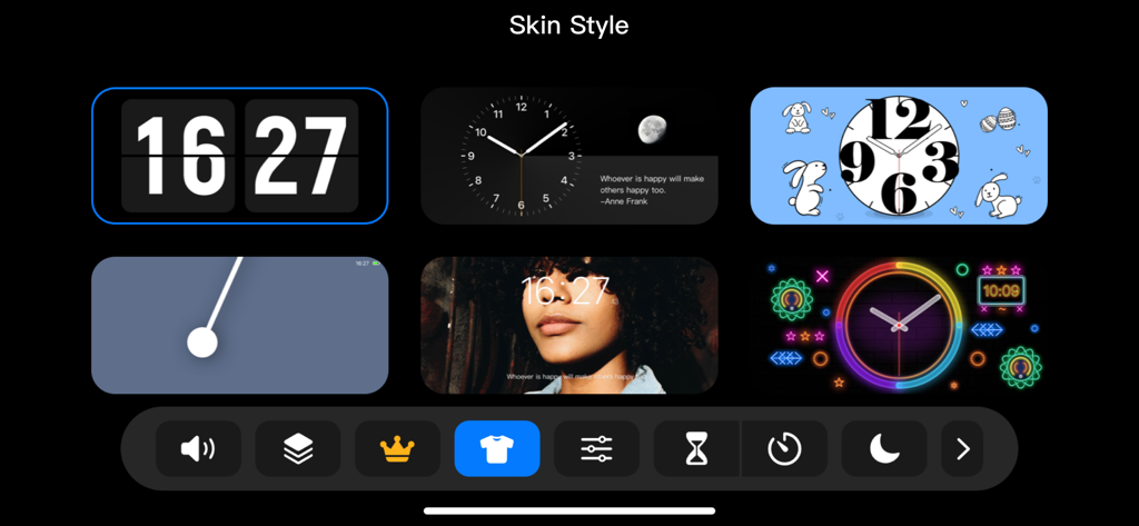 Flip clock - no ads - Un menu présentant six styles de skins esthétiques différents pour l'application Flip Clock, y compris des designs minimalistes à bascule et néon.