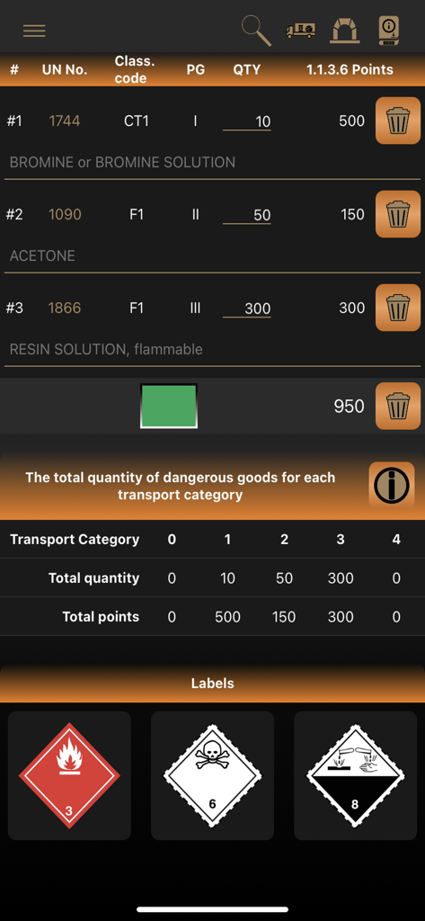 ADR Tool 2023 Dangerous Goods - Interface de l'ADR Tool 2023 montrant les catégories de transport de marchandises dangereuses et le calcul des points d'exemption