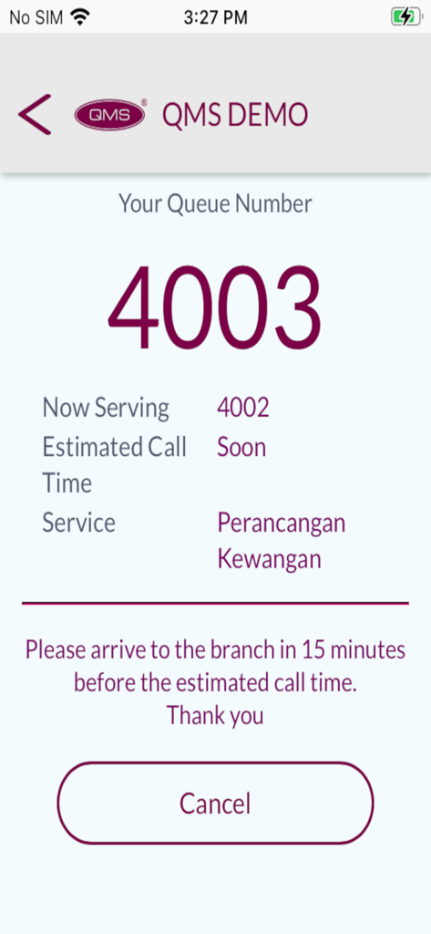 Digitales Warteschlangenticket in der QMS-App mit der Warteschlangennummer 4003 und der geschätzten Aufrufzeit.