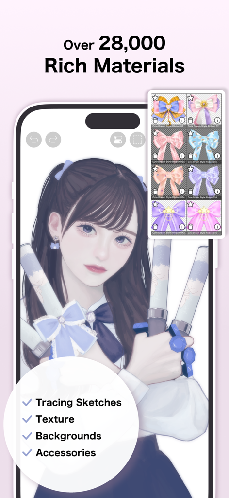 ibis Paint X - Anime character illustration in ibis Paint X highlighting the digital materials library with various ribbon accessories