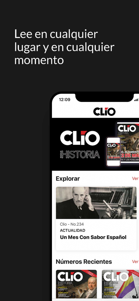 Clio - Clio digital world history magazine app interface in Spanish showing current articles and recent issues