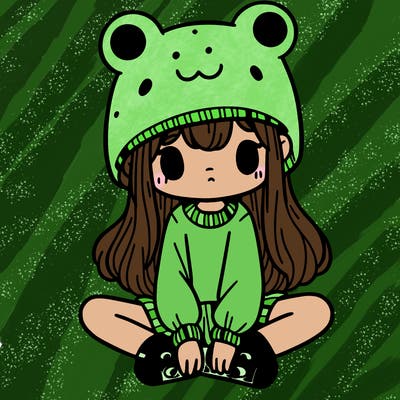 a girl wearing a frog hat and some frog socks