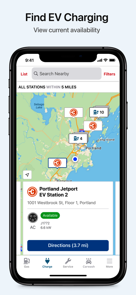 Tela do aplicativo WEX Connect mostrando estações de carregamento de veículos elétricos em um mapa com disponibilidade em tempo real e detalhes da estação