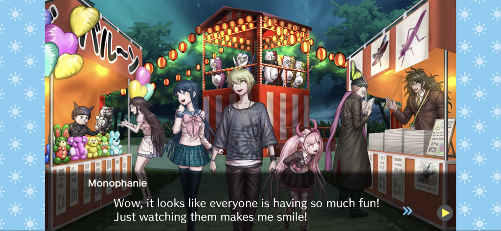Danganronpa S: Ultimate Summer - Danganronpa characters interacting at a festive night market during the summer camp game