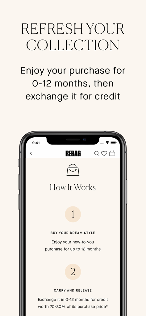 Rebag - Pantalla de la aplicación Rebag que explica cómo comprar e intercambiar artículos de lujo por crédito de la tienda en un plazo de doce meses.