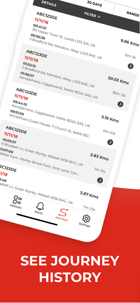 Datatool app interface showing motorcycle ride logs and journey history details
