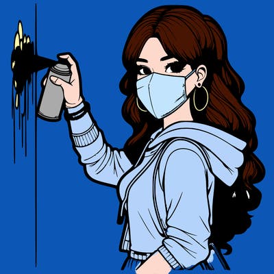 realistic girl with mask spray painting a wall