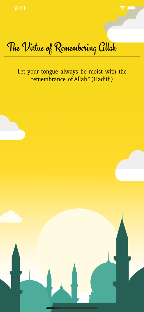 Hisnul Muslim - ﺣﺼﻦ ﺍﻟﻤﺴﻠﻢ - A screen from the Hisnul Muslim app showing a Hadith about the virtue of remembering Allah with stylized mosque silhouettes and a yellow sky.