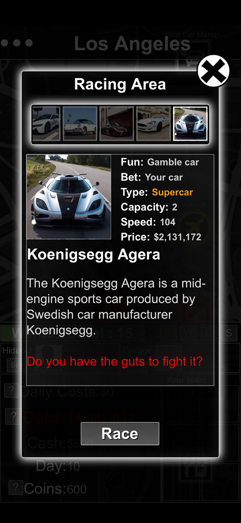 Crime Life Simulator -Text GTA - Racing area screen in Crime Life Simulator showing a Koenigsegg Agera supercar with a race button and betting options.