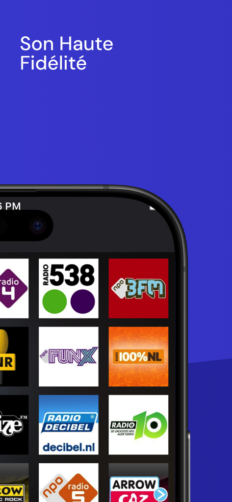 Radio FM app interface showing a selection of radio stations on an iPhone