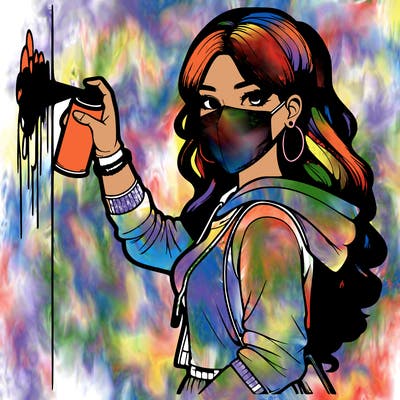 realistic girl with mask spray painting a wall