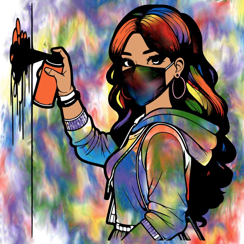 realistic girl with mask spray painting a wall