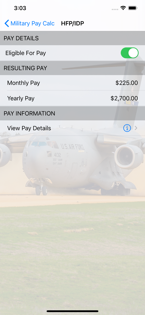 Hostile Fire Pay and Imminent Danger Pay calculation screen in the Military Pay Calc app