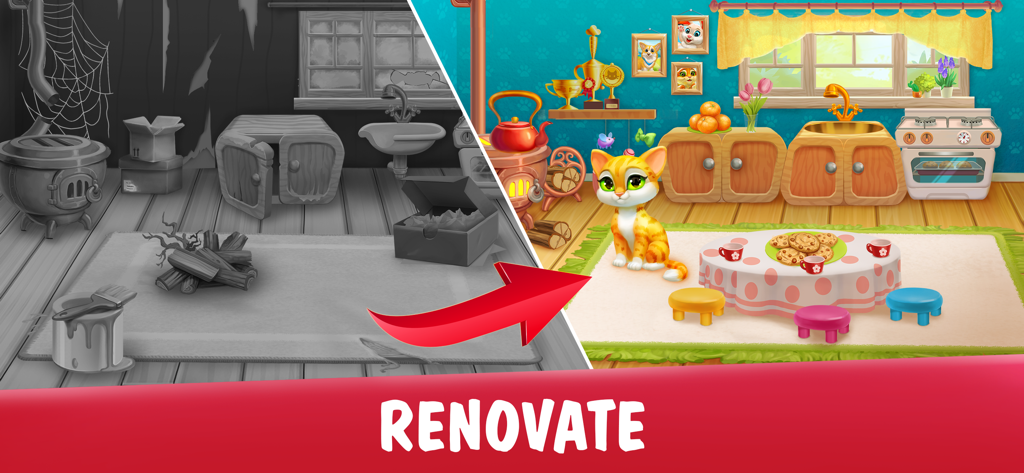 Garden Pets: Home Decorate - Escena de renovación del hogar antes y después con un lindo gato en una cocina colorida