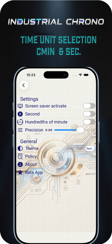 Pantalla de configuración de la aplicación Industrial Chronometer mostrando opciones para la selección de unidades de tiempo, incluyendo segundos y centésimas de minuto
